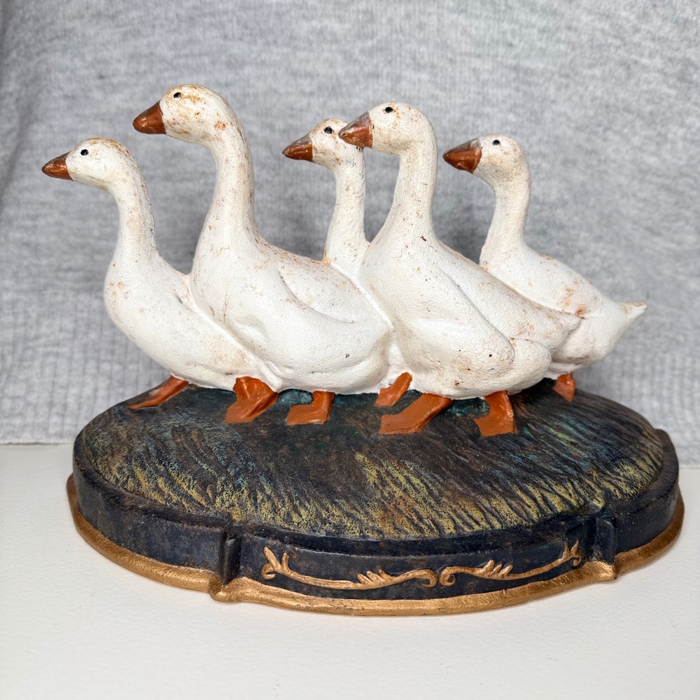 Vintage Cast Iron Goose Doorstop Five White Geese Farmhouse Decor Heavy Duty